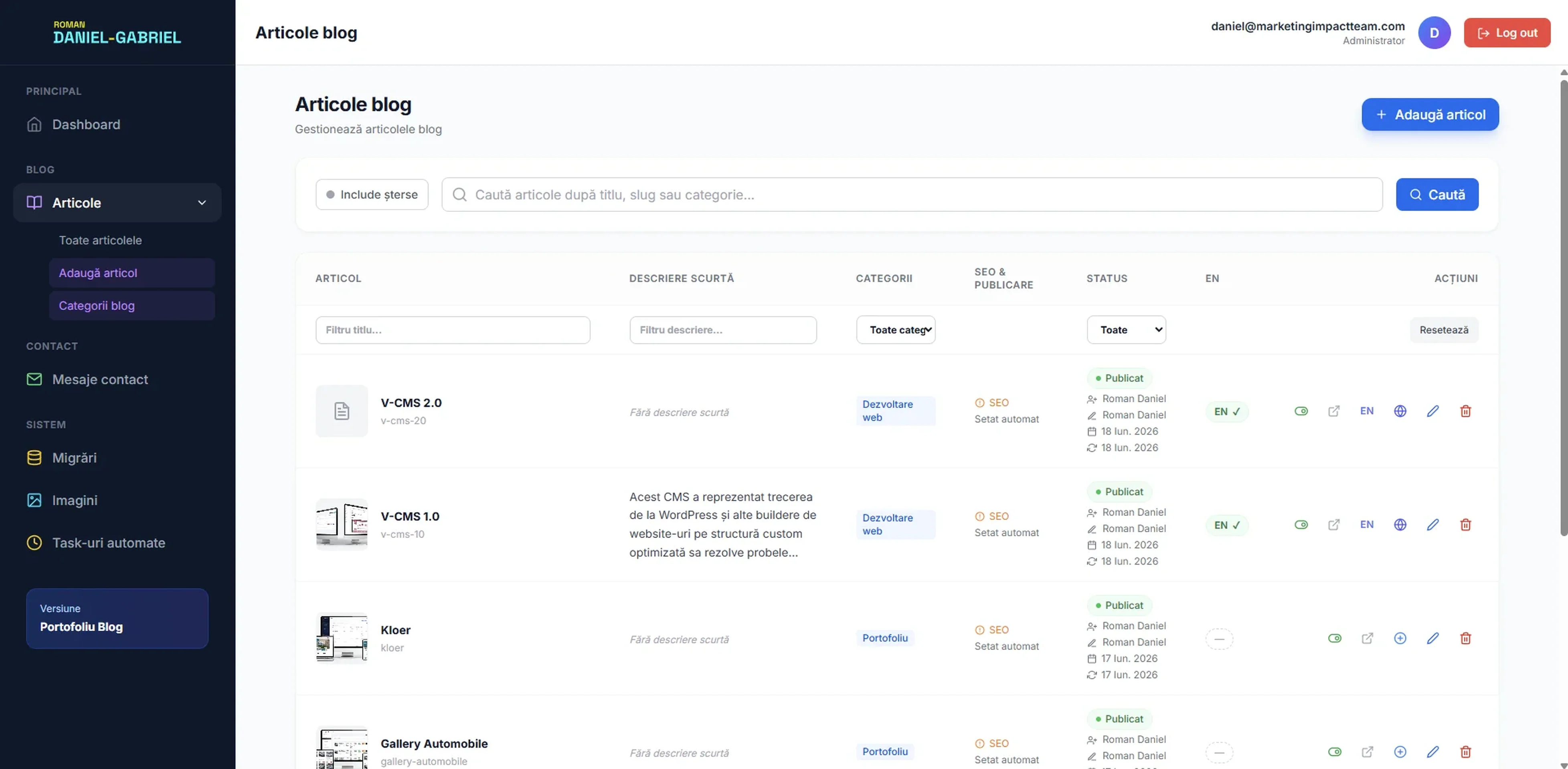 Portfolio website dashboard in V-CMS 2.0